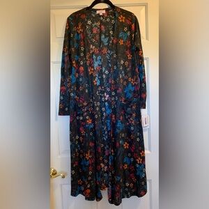 Medium LuLaRoe Sarah Cardigan Charcoal Grey Background with a Floral Design